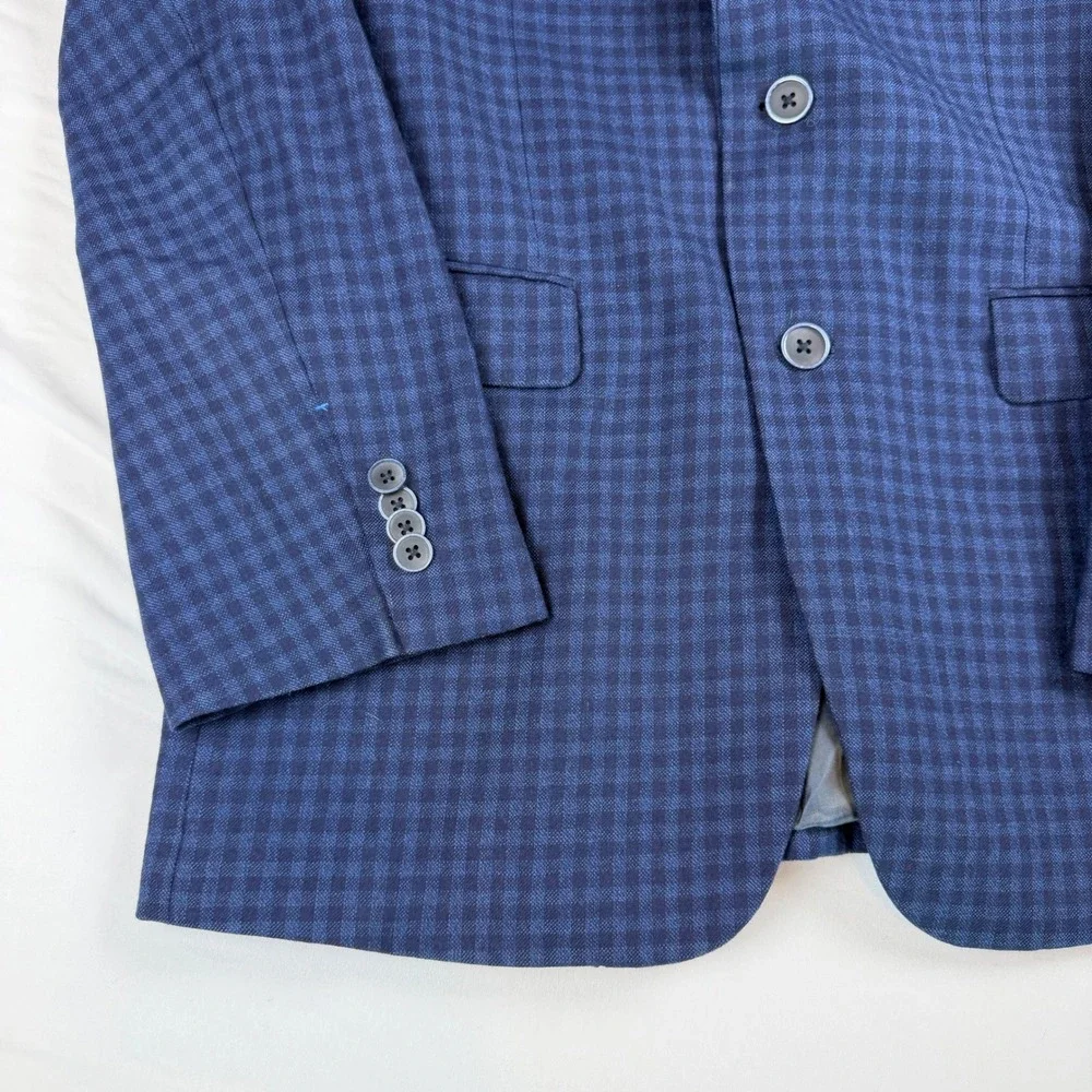 Vince Camuto Mens 42R Navy Blue Gingham 100% Wool Modern Fit Blazer Sport Coat